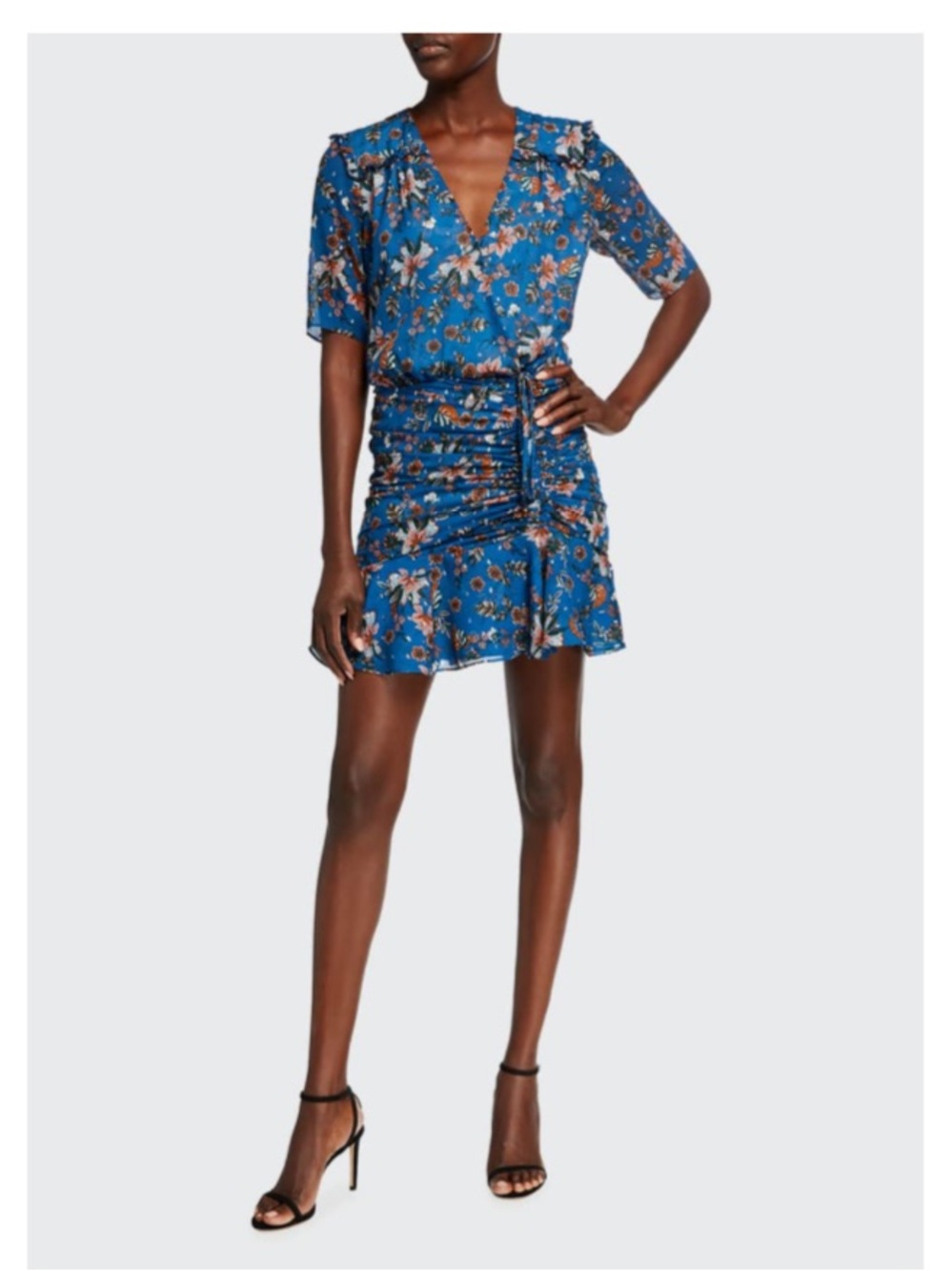 Veronica Beard Dakota Blue Metallic Thread Floral 3/4-Sleeve Ruched Dress